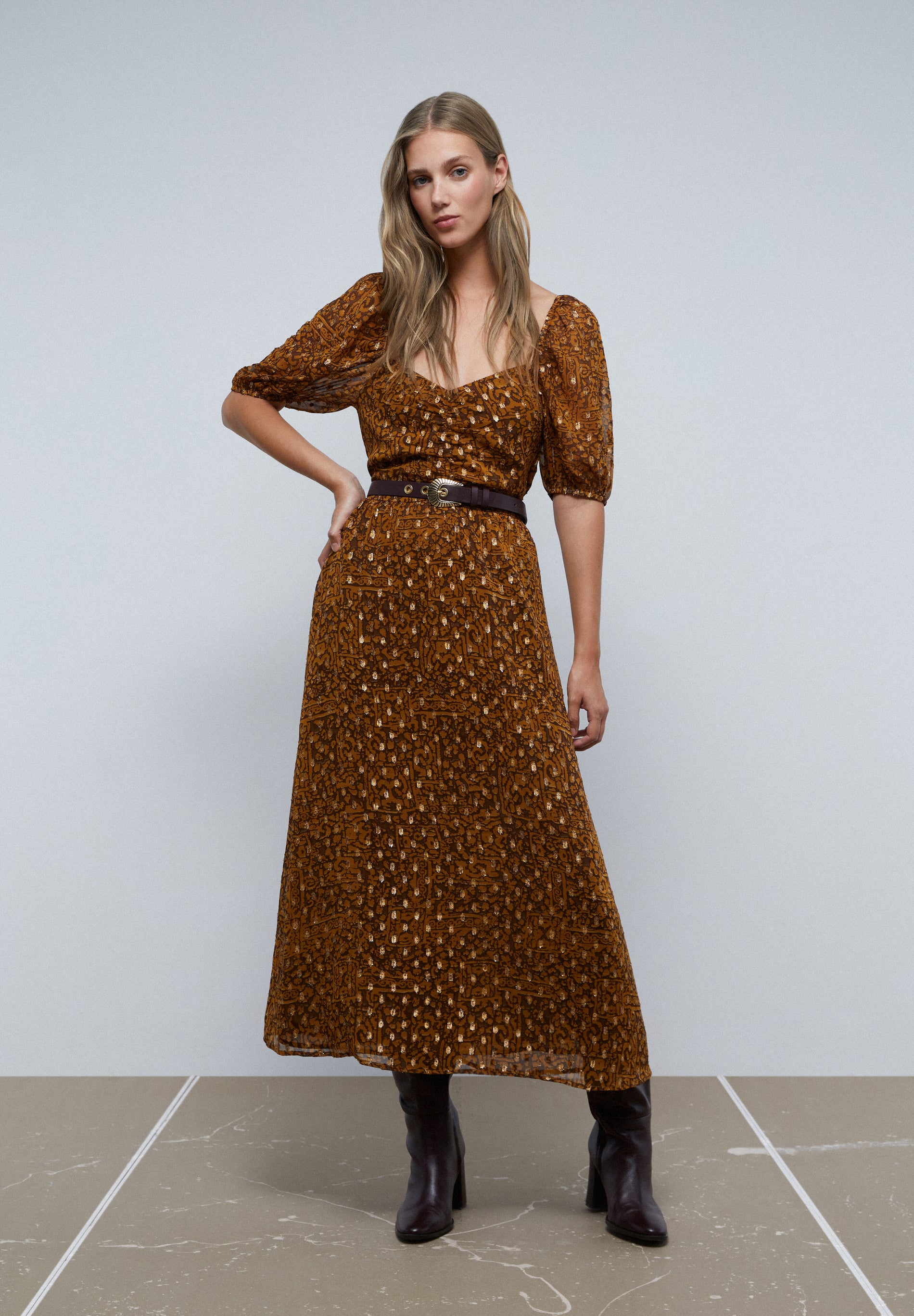 VESTIDO MIDI DETALLE FRUNCE PECHO