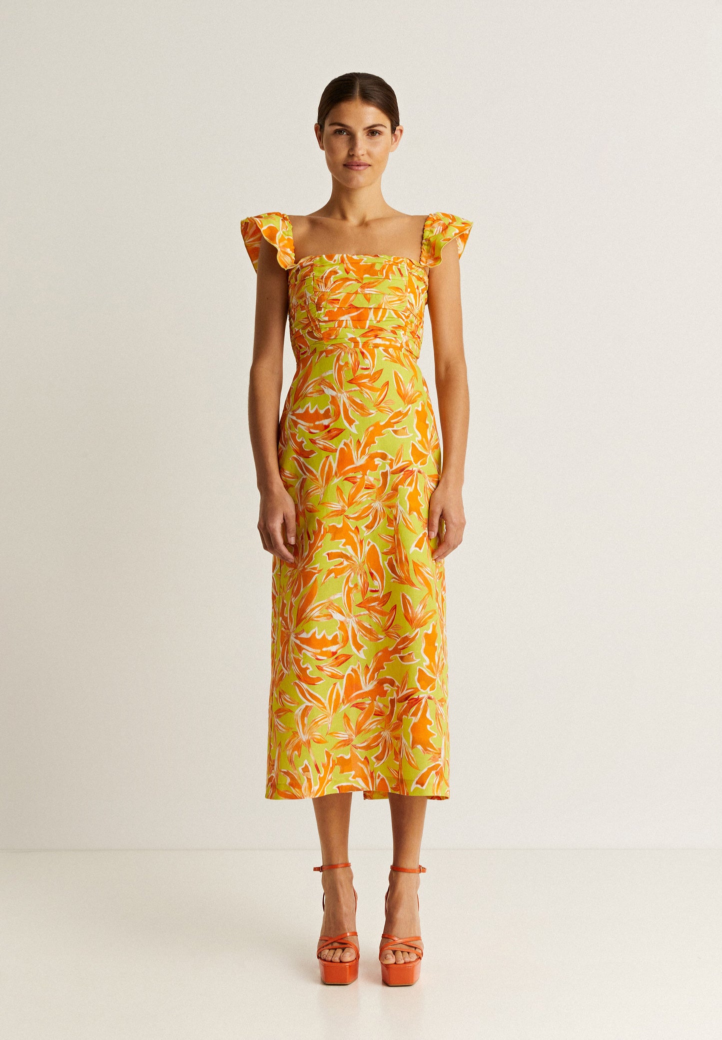 VESTIDO LINO MIDI DRAPEADO PECHO