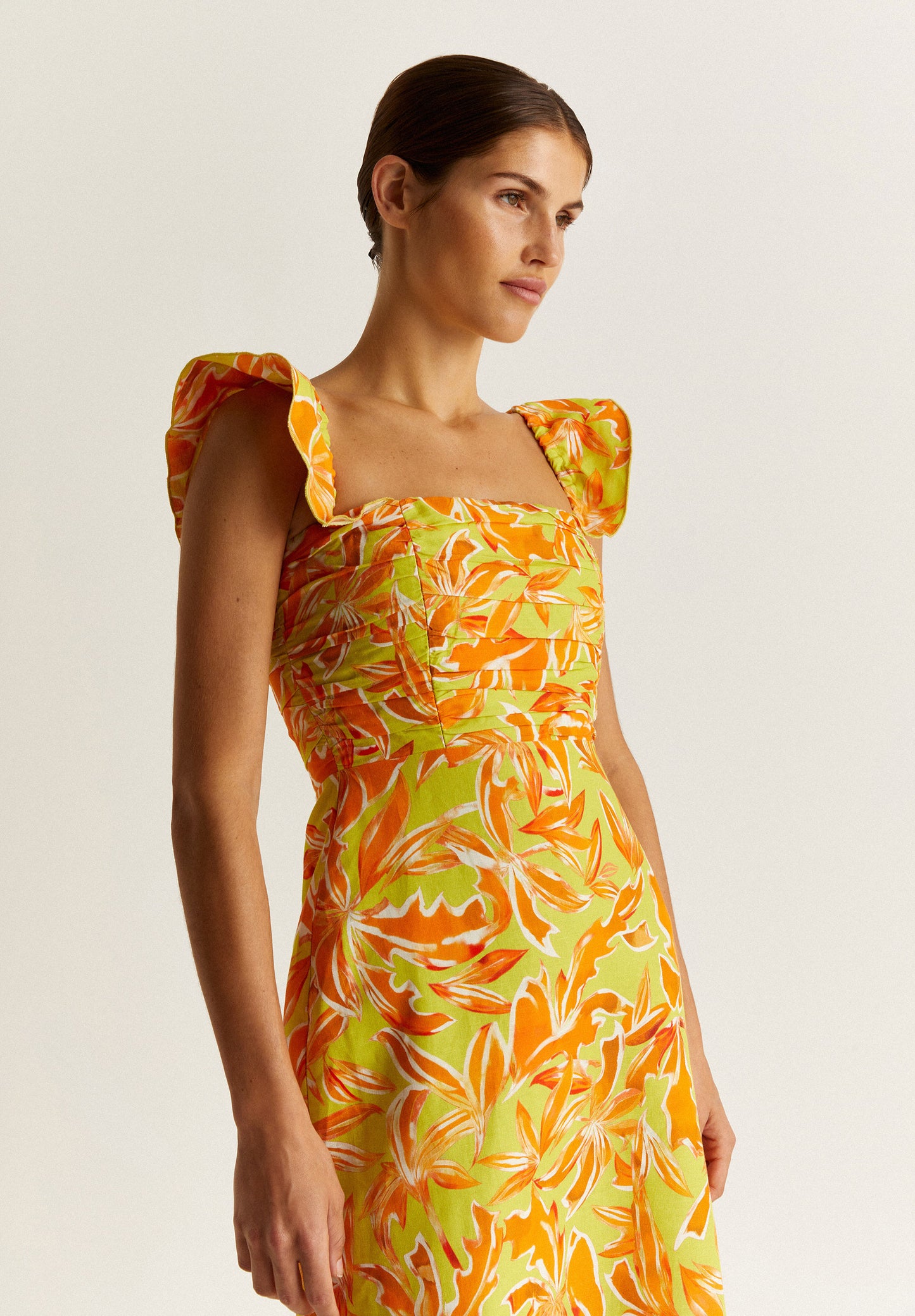 VESTIDO LINO MIDI DRAPEADO PECHO