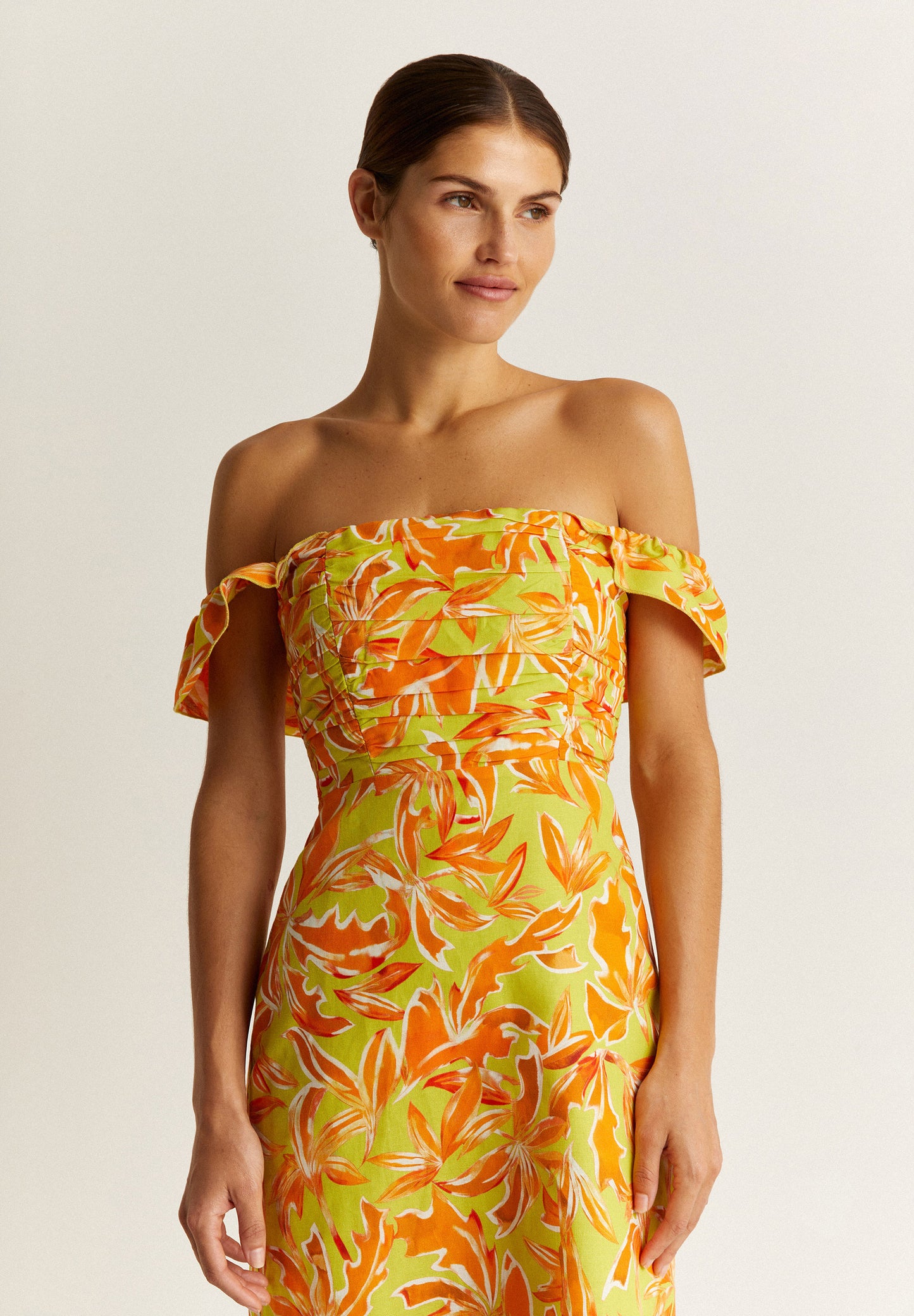 VESTIDO LINO MIDI DRAPEADO PECHO