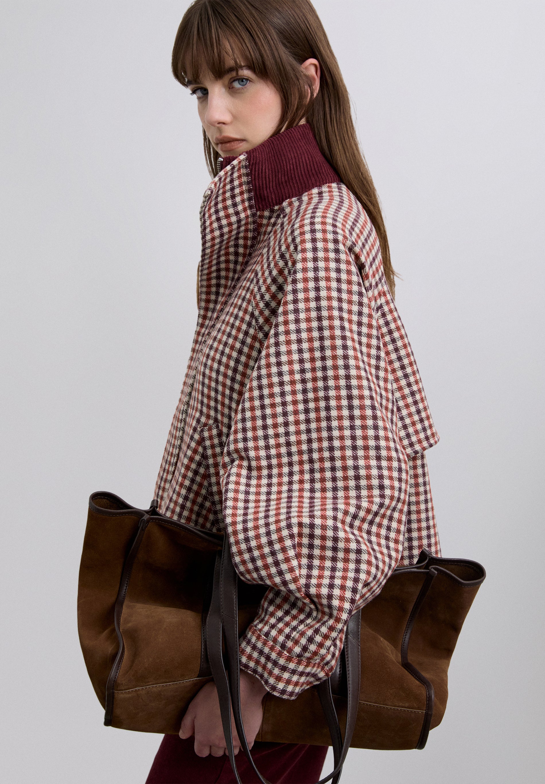 CHAQUETA BOMBER CUADROS CUELLO PANA