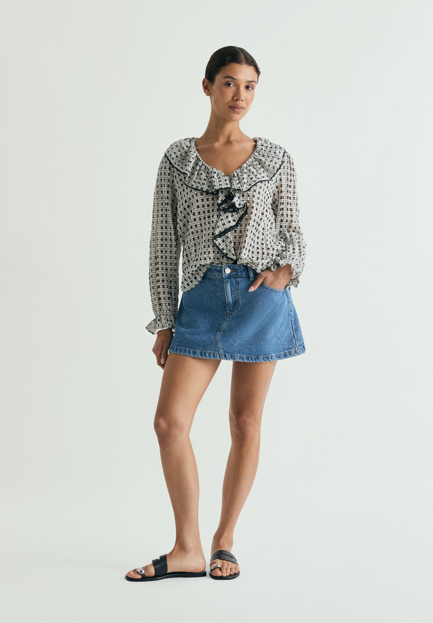 BLUSA ALGODÓN CUADROS VOLANTE